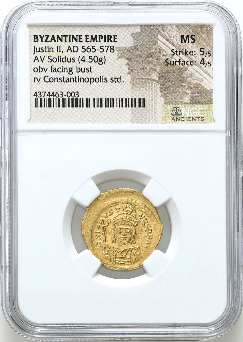 Bizancjum. Justyn II (565-578). Solid, Konstantynopol - NGC MS - PIĘKNY